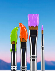 Colorful Paintbrushes with Bright Paint Against Blue Sky Background