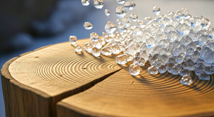 Sparkling Water Droplets on Wooden Surface with Natural Circles