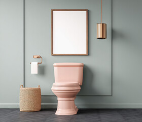 Blush pink toilet in a modern bathroom with minimalist decor and elegant lighting. Empty vertical frame for poster mockup.