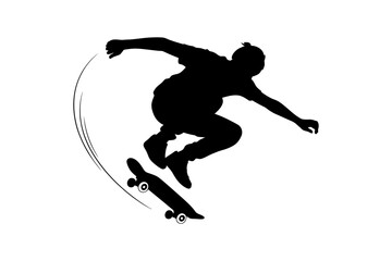 Silhouette of a person performing a skateboard trick in mid air with motion lines behind board