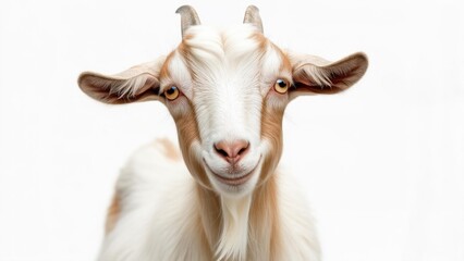 A close-up portrait of a smiling goat against a white background