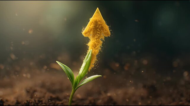 Growth Arrow: A verdant young plant with an upward arrow made from fine textured material, symbolizing growth, progress and success against an intentionally blurred background.