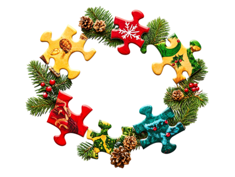 Circular christmas wreath made of colorful puzzle pieces and pine branches isolated on transparent background