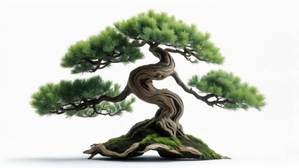 A digitally rendered bonsai tree with a gnarled, twisted trunk and vibrant green foliage, set against a stark white background