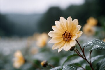 Yellow daisy in field with raindrops on green leaves