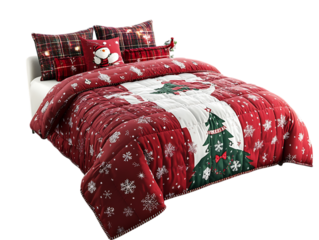 Festive christmas bedding set with santa claus and snowflakes isolated on transparent background