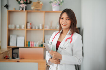Smiling Female Veterinarian look at camera Holding Digital Tablet