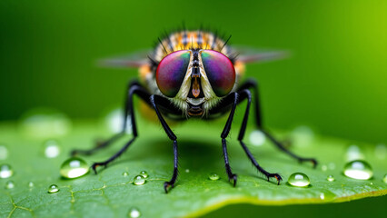Fototapeta premium Professional macro shot of a fly resting on a dew-covered leaf, showing crystal-clear water droplets on compound eyes with sharp hair details and a vibrant natural background for scientific
