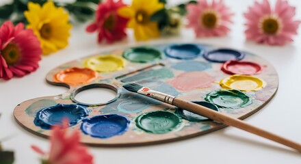 Paintbrush on Colorful Palette with Floral Background – Artistic Creativity and Painting Concept