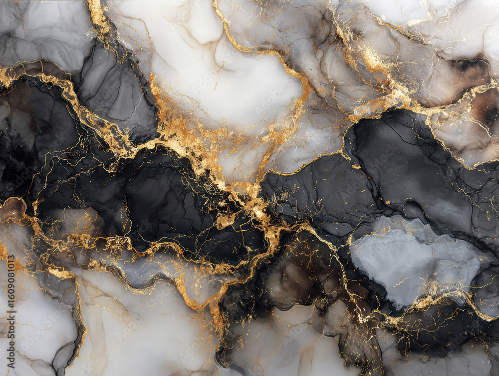 Poster close-up of a black and white marble with golden veins, showcasing intricate patterns and textures i