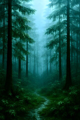 Fototapeta premium Illustration realistic ultra HD forest in the raining weather. 
