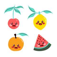 Cartoon vector set featuring adorable fruit characters: orange, cherry, lemon, and watermelon slice. Illustration for kids products, branding and healthy eating campaigns
