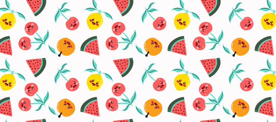 Seamless cartoon horizontal pattern featuring orange, cherries, lemon, and watermelon slice. Design element for banners, product packaging and fabric print