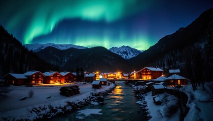 A picturesque mountain village bathed in the ethereal glow of the aurora borealis.  Warm cabin lights contrast beautifully with the vibrant green and purple hues of the night sky.