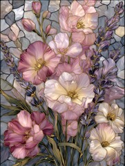 Digital painting of pink and purple flowers in stained glass window style.