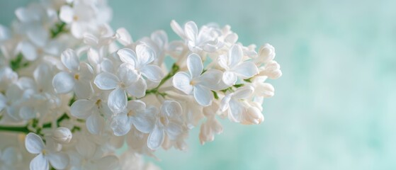 Obraz premium The delicate white lilac blossoms against a soft green background.