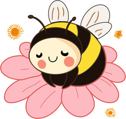 Obraz premium Adorable Cartoon Bee Taking a Nap on a Pink Flower Surrounded by Blossoms – Kawaii Style Insect Illustration for Kids