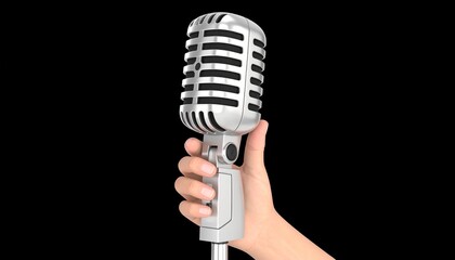 One hand held microphone tightly and raised on black background. 3D rendering.
