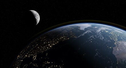 Earth and Half-Moon Seen from Space with Starry Background – Celestial View and Planetary Concept