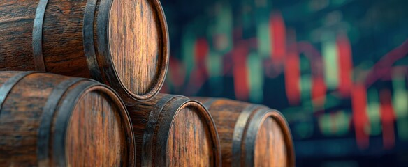 The wooden barrels stacked against a colorful financial graph background.