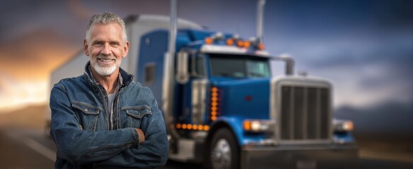 The confident truck driver standing proudly by his blue vehicle on the road.