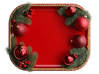 Festive red square frame decorated with christmas ornaments and pine branches isolated on transparent background