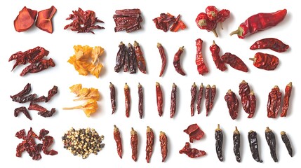 Vibrant Red Dried Chili Peppers Collection Artistically Arranged for Culinary and Commercial Food Photography with white background. Generative Ai