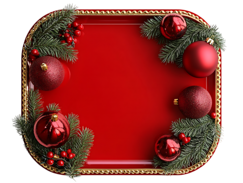 Festive red square frame decorated with christmas ornaments and pine branches isolated on transparent background