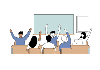Classroom with diverse students raising their hands, feeling eager to participate and engage  