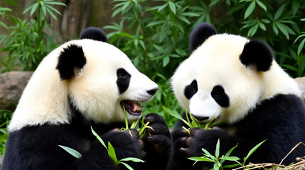Obraz premium Panda Pair: Two adorable giant pandas share a delightful meal of bamboo shoots, showcasing their playful and endearing personalities amidst a backdrop of lush greenery.