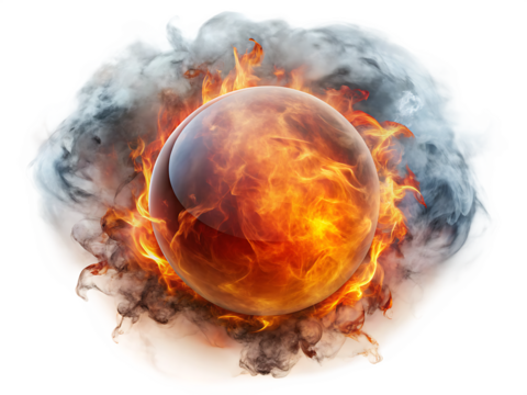 fiery sphere surrounded by smoke and flames isolated on white background PNG ,AI GENERATED