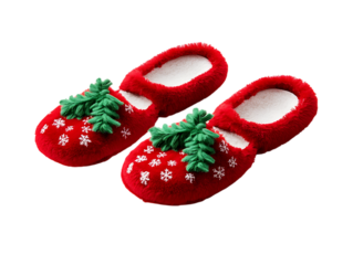 Cute red strawberry slippers for children isolated on transparent background