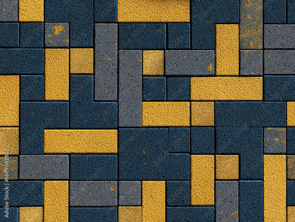 Aufkleber close-up texture image of gray and yellow checkered pavers against a dark blue background, suitable 
