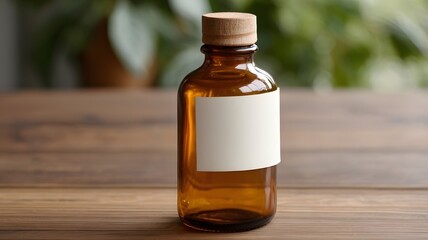 Amber Glass Bottle with Blank Label and Wooden Lid on Wooden Surface