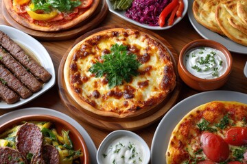 Array of dishes including pizzas meats  sides on a wood table