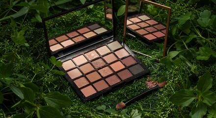 Open Eyeshadow Palette on White Surface with Green Leaves and White Flowers – 12 Natural Makeup Shades
