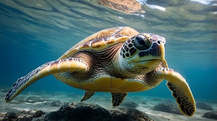 Obraz premium Close-up Underwater View of a Majestic Sea Turtle