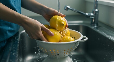 Person Washing Lemons in Kitchen Sink Under Faucet – Clean Food Preparation and Natural Living Concept