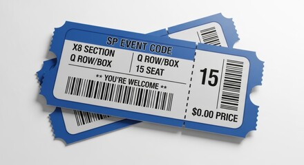 Two Blue Event Tickets: Section X8, Row Q, Seat 15, Zero Price