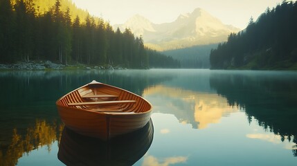 Vintage Wooden Rowboat Reflecting in Crystal Clear Mountain Lake During Golden Hour Sunrise with Misty Forest Backdrop Perfect for Outdoor Adventure. Generative Ai