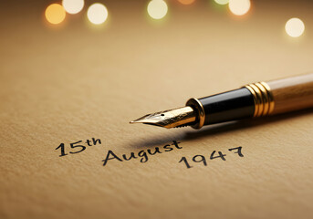 Independence day india photo of a vintage fountain pen rests on textured paper, poised to write the significant date of 15th august 1947, evoking a sense of historical importance and national pride