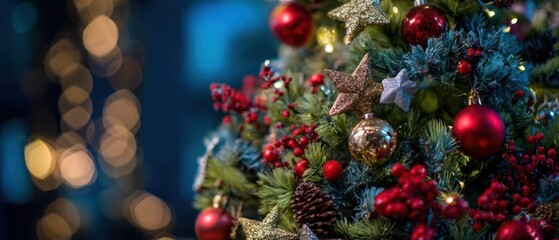 The beautifully decorated Christmas tree with shining ornaments and festive lights