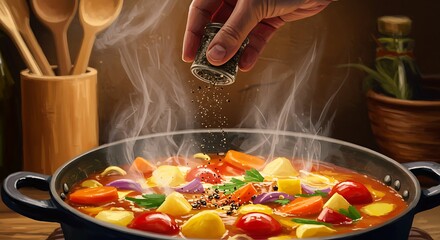 Hand Sprinkling Black Pepper Over Steaming Vegetables in Pot – Flavor and Cooking Process Scene in Cozy Kitchen