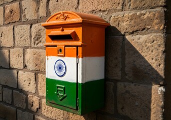 Independence day india photo of an oldfashioned mailbox, painted in the colors of the indian flag with the ashoka chakra emblem, stands against a textured brick wall, representing national pride and c