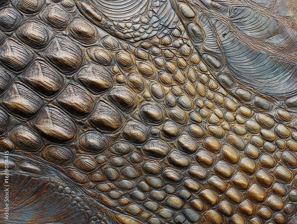 Poster close-up view of a textured object resembling fish or reptile skin, featuring detailed scales and ea