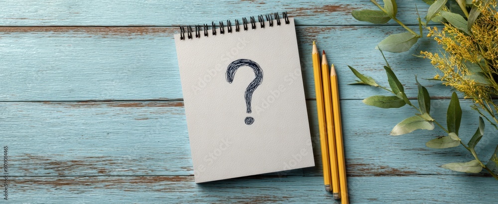 Poster the notebook with a question mark symbolizes curiosity and creativity in design.