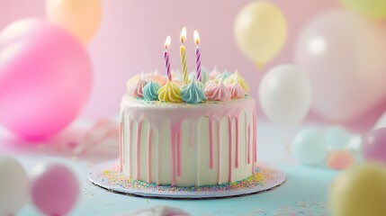 Whimsical First Birthday Celebration Cake with Pastel Rainbow Colors and Modern Minimalist Design on Dreamy Background. Generative Ai
