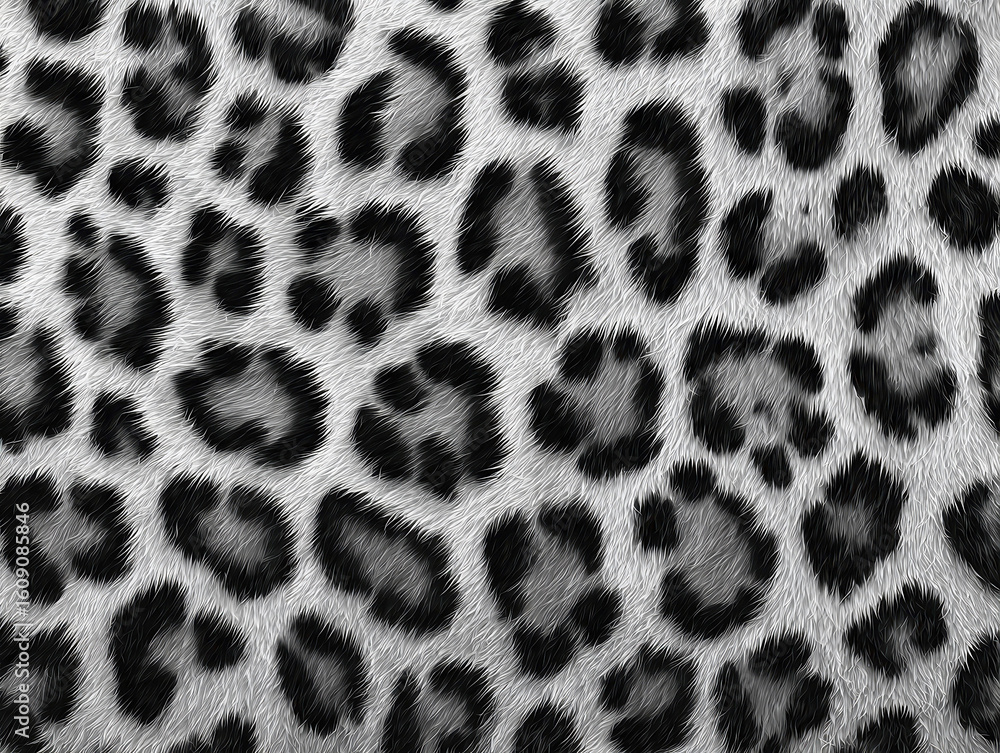 Poster close-up, high contrast, grayscale leopard print pattern image, detailed fur texture, seamless repea