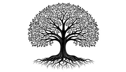 Black and white stylized tree graphic.  Richly detailed silhouette of a large tree, encompassing extensive root system,  and full canopy