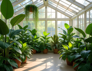 A lush indoor greenhouse filled with a variety of vibrant plants, including monsteras, fiddle-leaf figs, snake plants